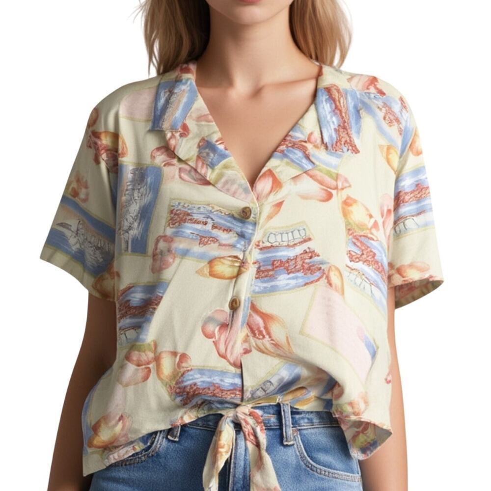 La Cabana Tie Front Shirt XL Beach Postcard Print Button Down Collared Top